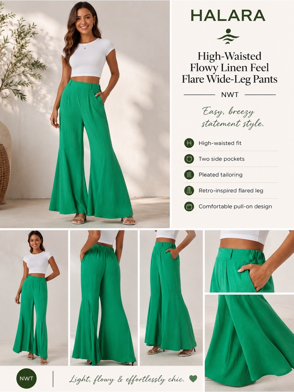 NWT Halara Women's High Waisted Flowy Linen Feel Flare Green Wide-Leg Pants